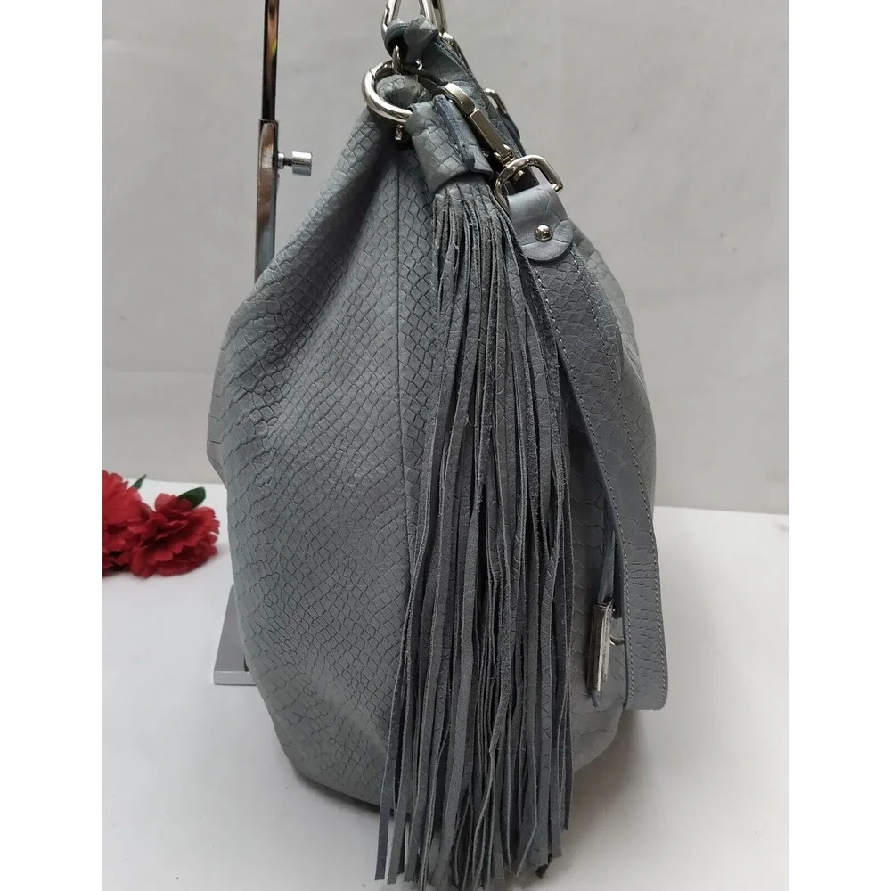 Gianni Chiarini Light Blue Leather Snakeskin Embossed Tassel Hobo Shoulder Bag